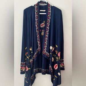 Caite by Anthropologie Embroidered floral Navy Open Front Cardigan flowy sz med